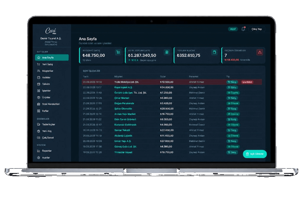 CariPro desktop management panel view